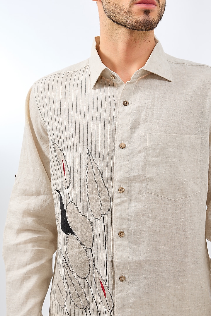 Beige Linen Embroidered Pleated Party Wear Shirt by Linen Bloom Men at Pernia's Pop Up Shop