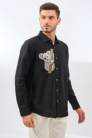 Black Linen Embroidered Shirt by Linen Bloom Men