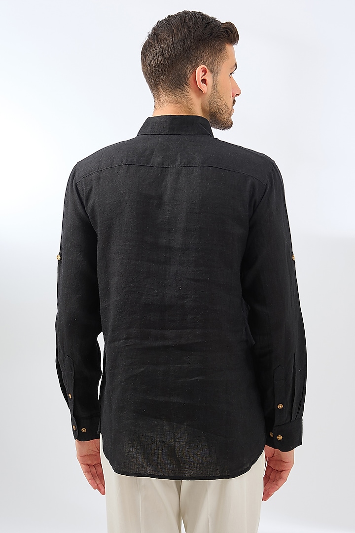 Black Linen Embroidered Party Wear Shirt by Linen Bloom Men at Pernia's Pop Up Shop