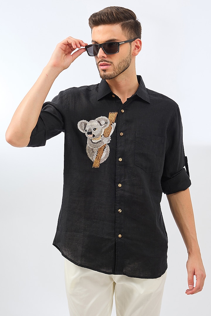 Black Linen Embroidered Party Wear Shirt by Linen Bloom Men at Pernia's Pop Up Shop