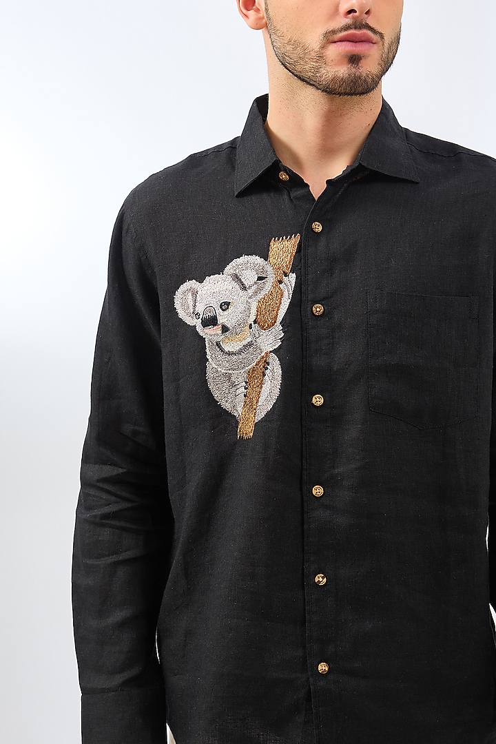 Black Linen Embroidered Party Wear Shirt by Linen Bloom Men at Pernia's Pop Up Shop