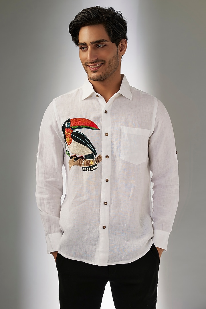 White Pure Linen Thread Embroidered Shirt by Linen Bloom Men at Pernia's Pop Up Shop