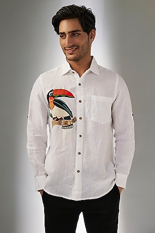 White Pure Linen Thread Embroidered Shirt by Linen Bloom Men