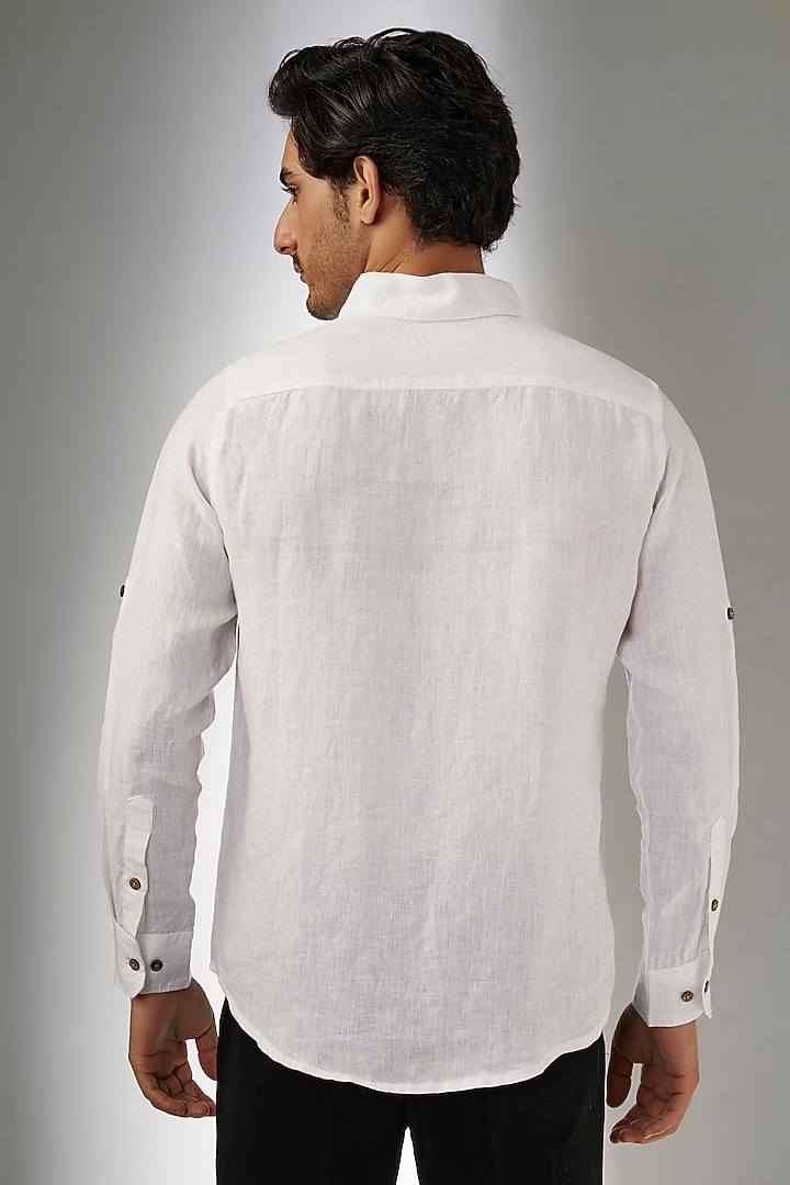 White Pure Linen Thread Embroidered Party Wear Shirt by Linen Bloom Men at Pernia's Pop Up Shop