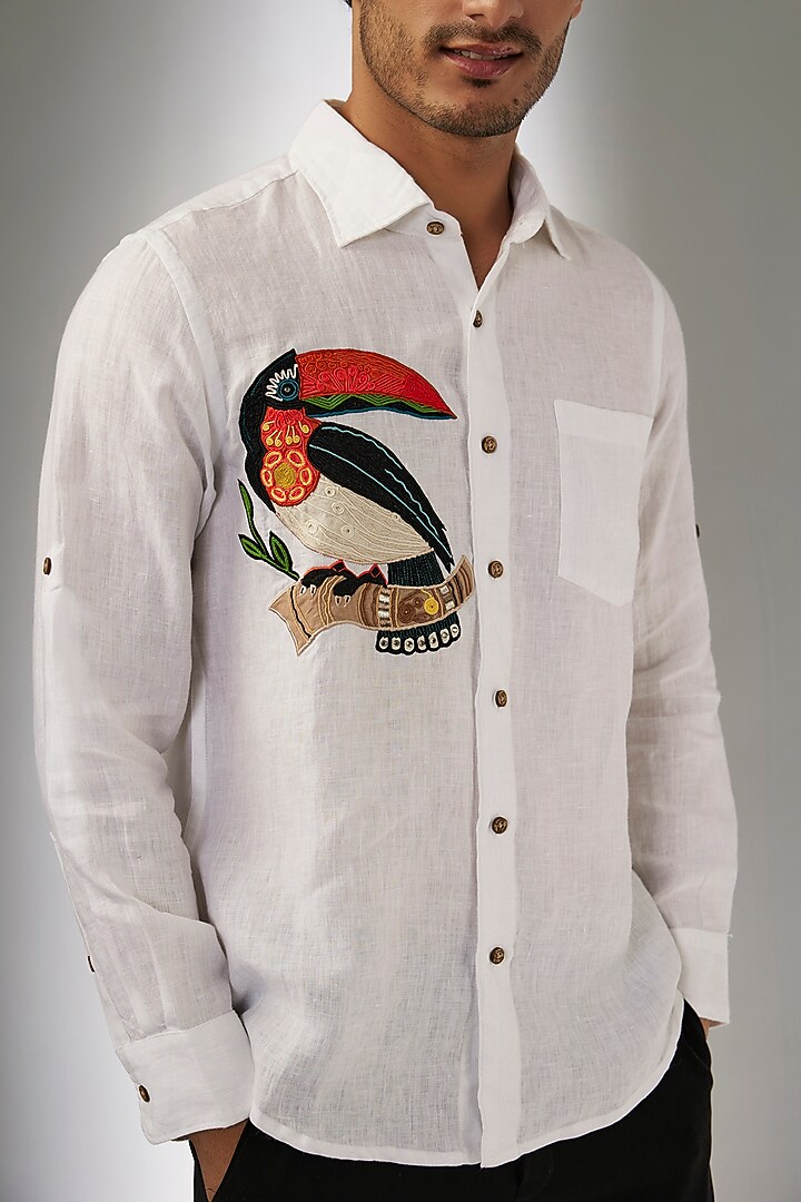 White Pure Linen Thread Embroidered Party Wear Shirt by Linen Bloom Men at Pernia's Pop Up Shop