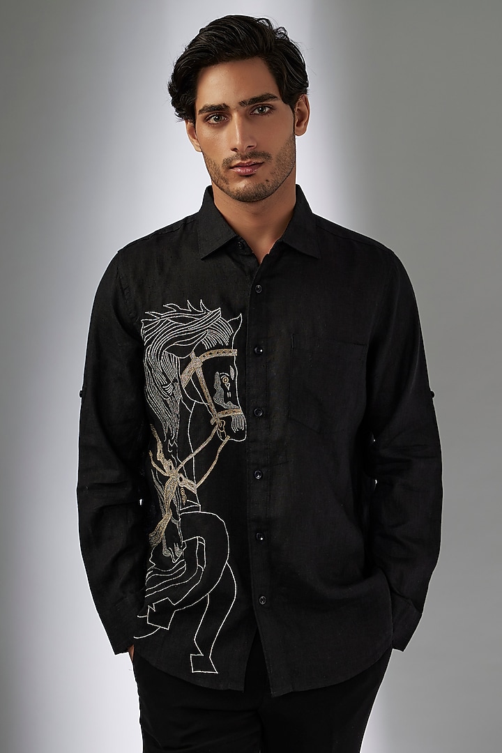 Black Pure Linen Thread Embroidered Shirt by Linen Bloom Men at Pernia's Pop Up Shop