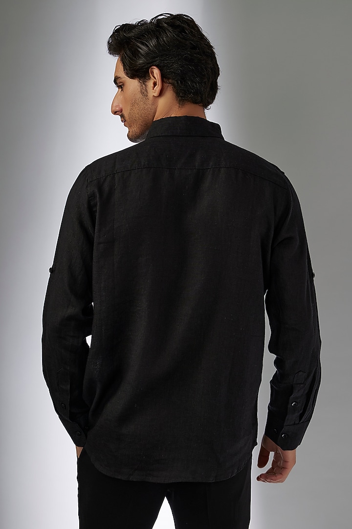 Black Pure Linen Thread Embroidered Party Wear Shirt by Linen Bloom Men at Pernia's Pop Up Shop