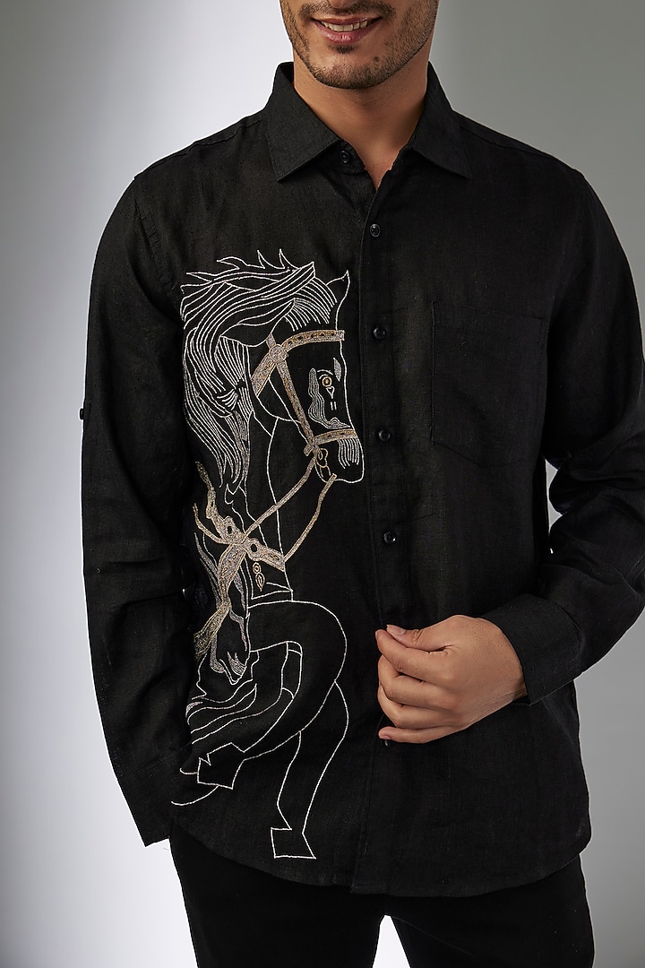 Black Pure Linen Thread Embroidered Party Wear Shirt by Linen Bloom Men at Pernia's Pop Up Shop