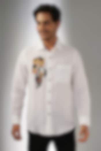 White Pure Linen Thread Embroidered Shirt by Linen Bloom Men at Pernia's Pop Up Shop