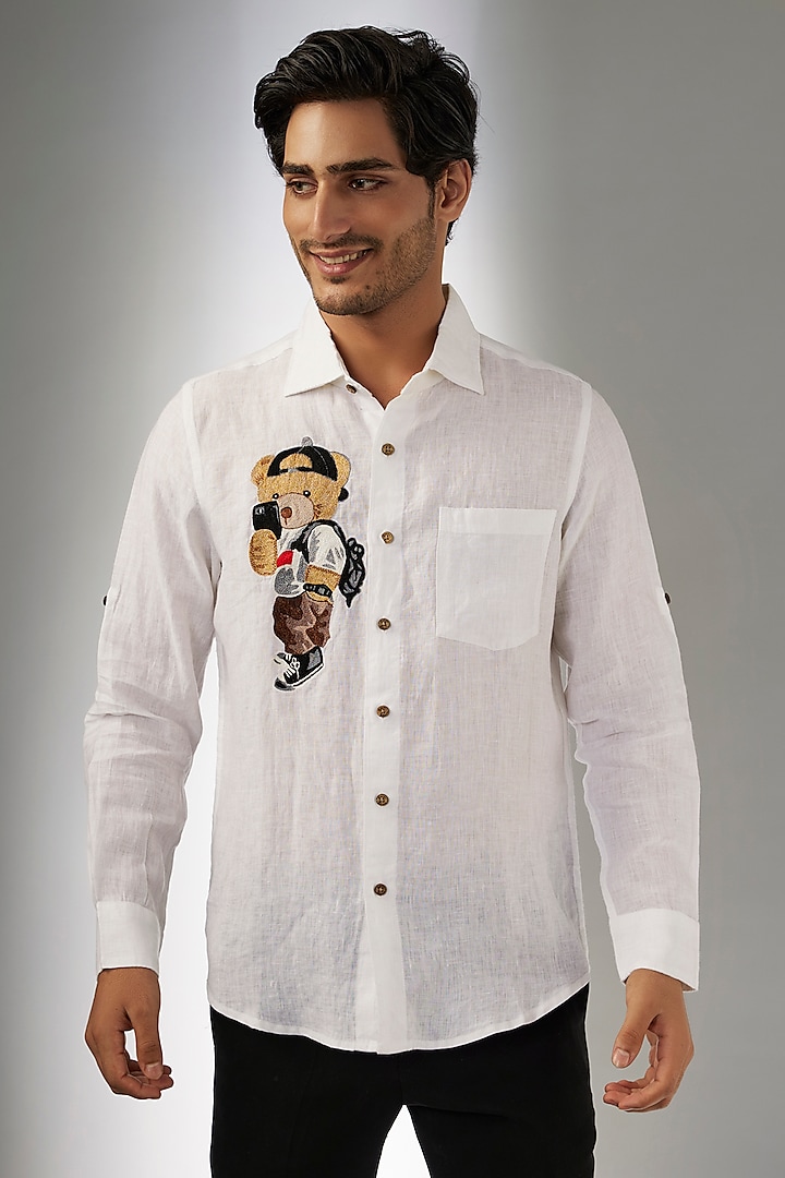 White Pure Linen Thread Embroidered Shirt by Linen Bloom Men at Pernia's Pop Up Shop