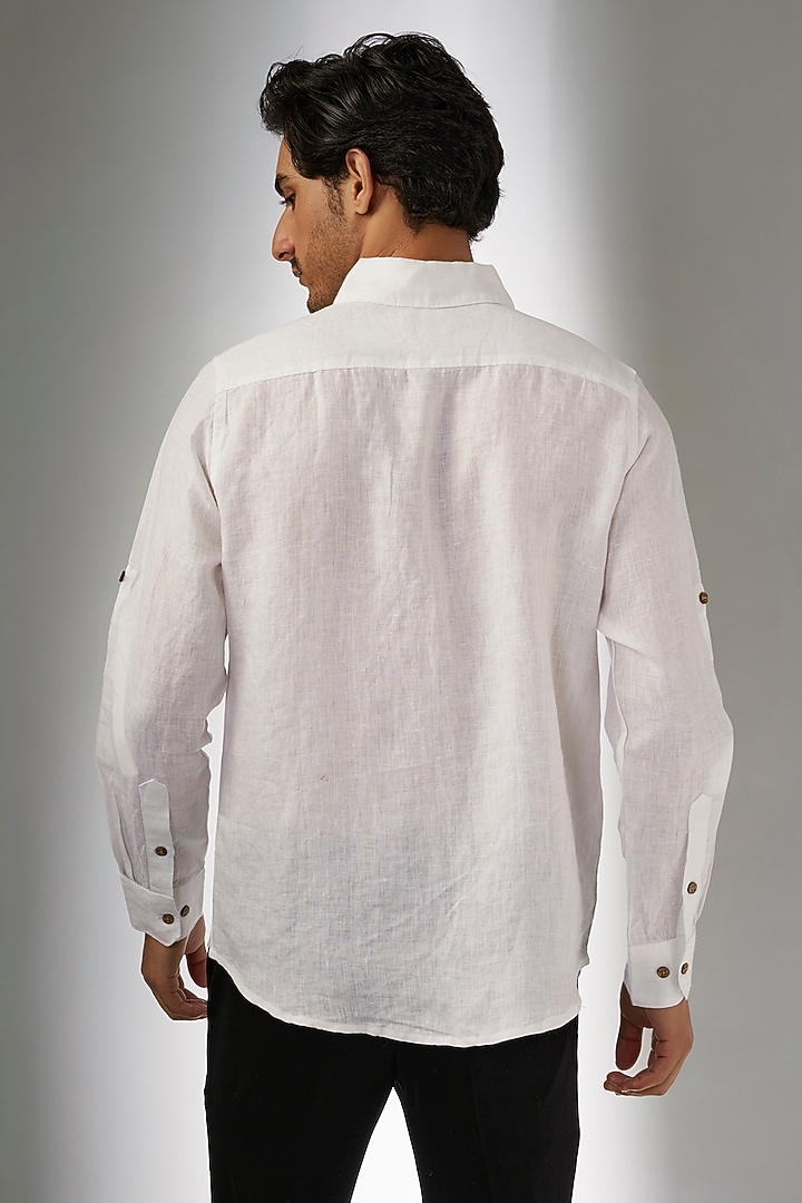 White Pure Linen Thread Embroidered Party Wear Shirt by Linen Bloom Men at Pernia's Pop Up Shop