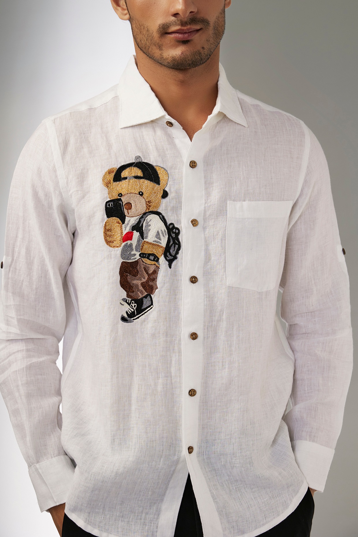 White Pure Linen Thread Embroidered Shirt by Linen Bloom Men