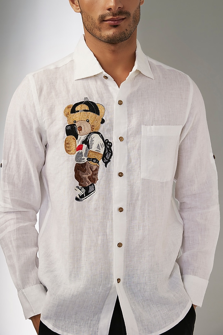 White Pure Linen Thread Embroidered Party Wear Shirt by Linen Bloom Men at Pernia's Pop Up Shop