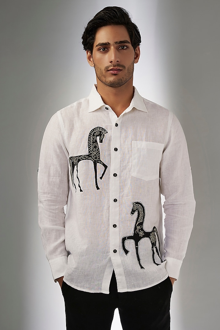 White Pure Linen Thread Embroidered Shirt by Linen Bloom Men