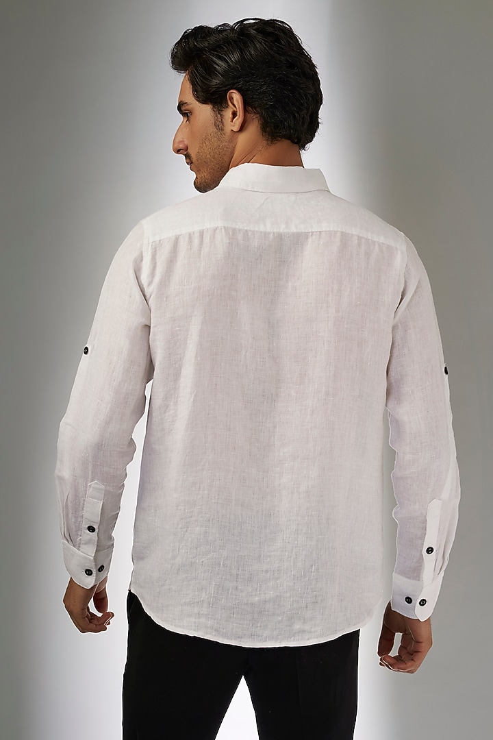 White Pure Linen Thread Embroidered Party Wear Shirt by Linen Bloom Men at Pernia's Pop Up Shop