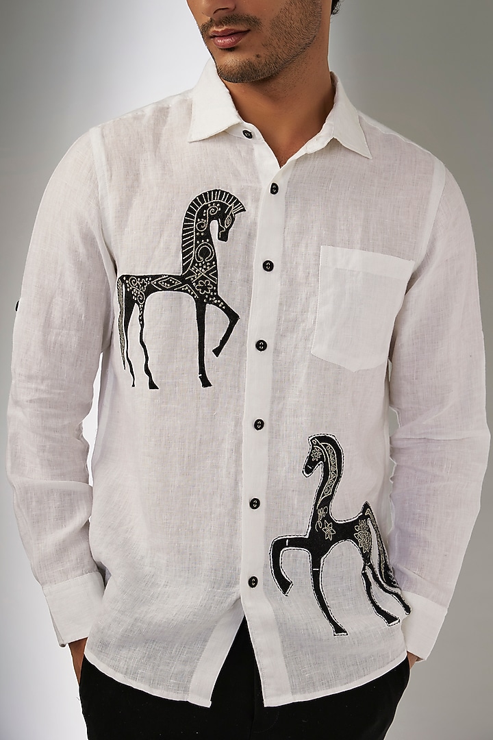 White Pure Linen Thread Embroidered Party Wear Shirt by Linen Bloom Men at Pernia's Pop Up Shop