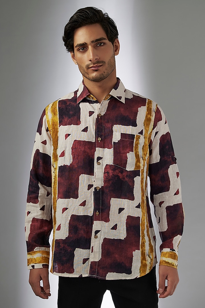 Multi-Colored Pure Linen Printed Shirt by Linen Bloom Men at Pernia's Pop Up Shop