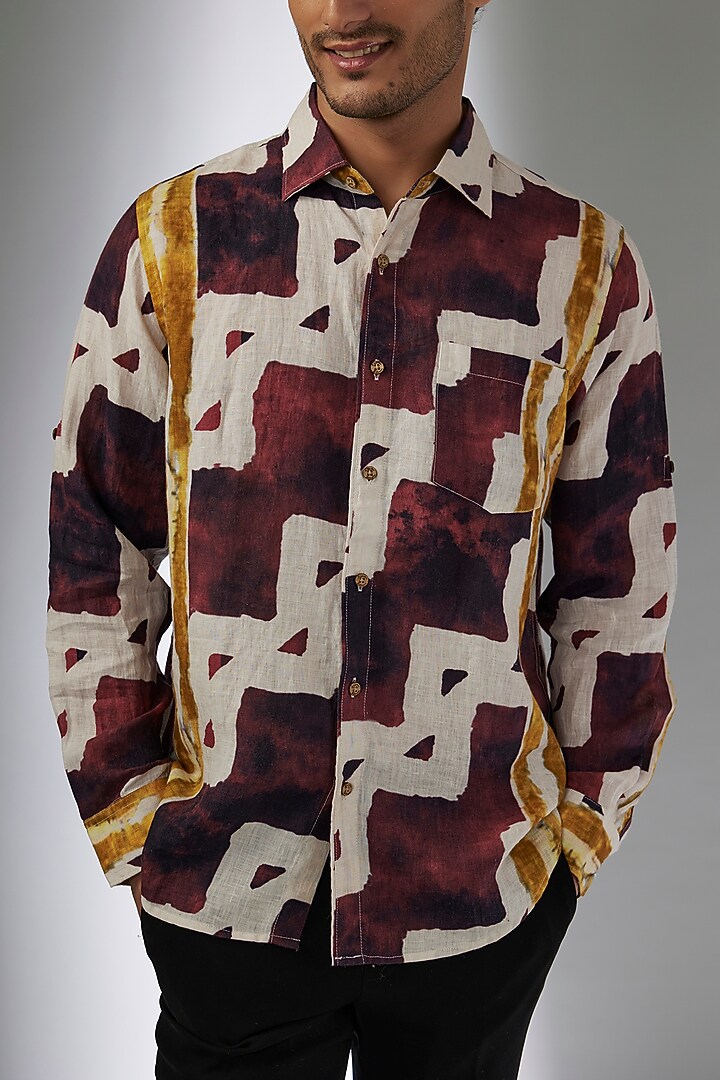 Multi-Colored Pure Linen Printed Party Wear Shirt by Linen Bloom Men at Pernia's Pop Up Shop