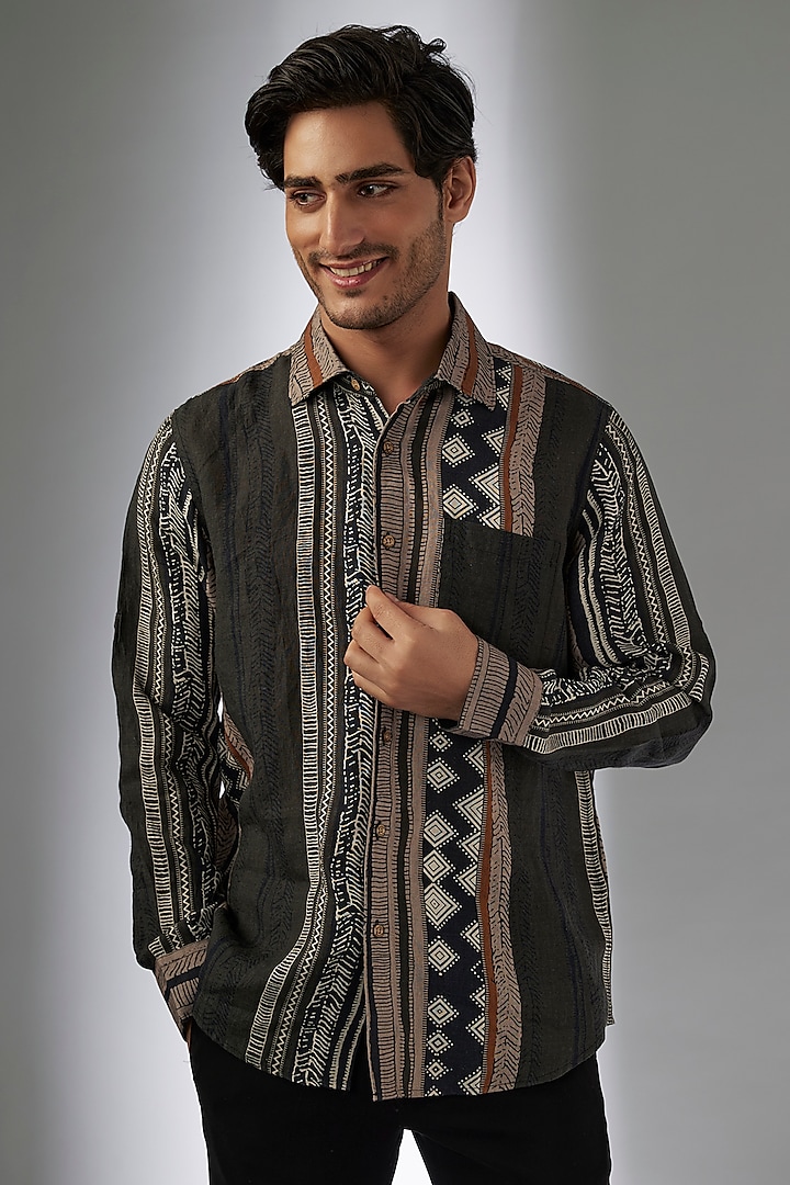 Multi-Colored Pure Linen Printed Shirt by Linen Bloom Men at Pernia's Pop Up Shop