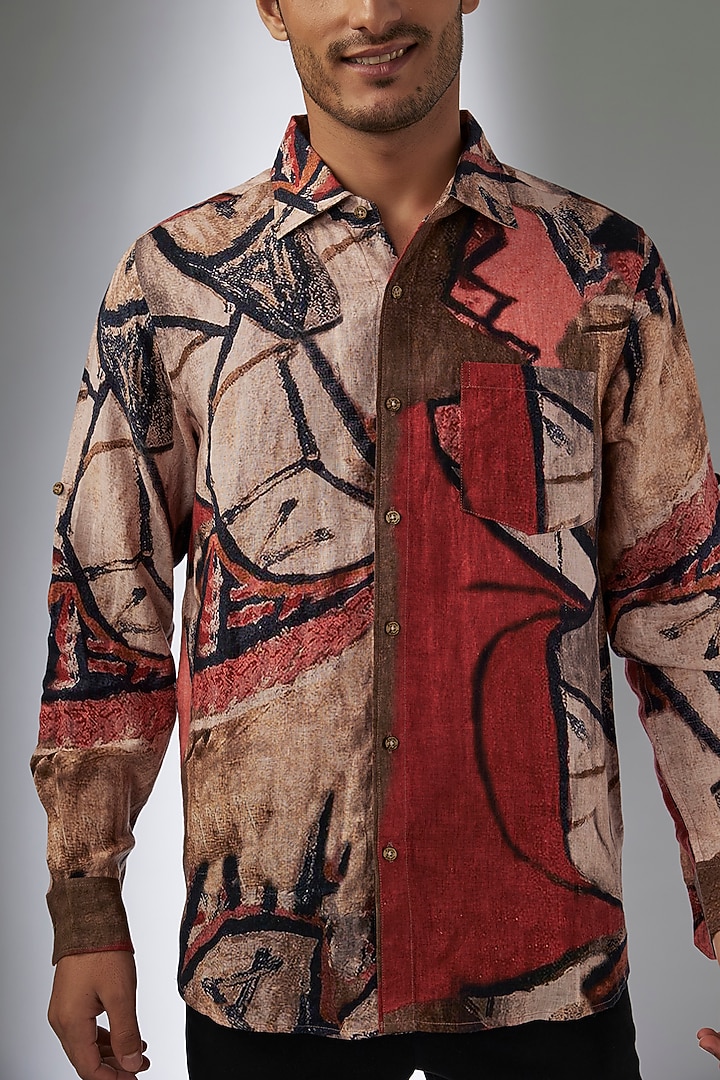 Multi-Colored Pure Linen Printed Party Wear Shirt by Linen Bloom Men at Pernia's Pop Up Shop