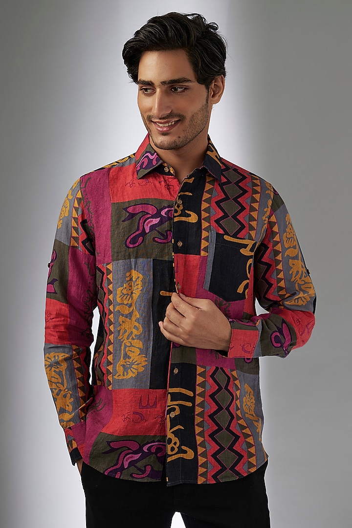 Multi-Colored Pure Linen Printed Shirt by Linen Bloom Men at Pernia's Pop Up Shop