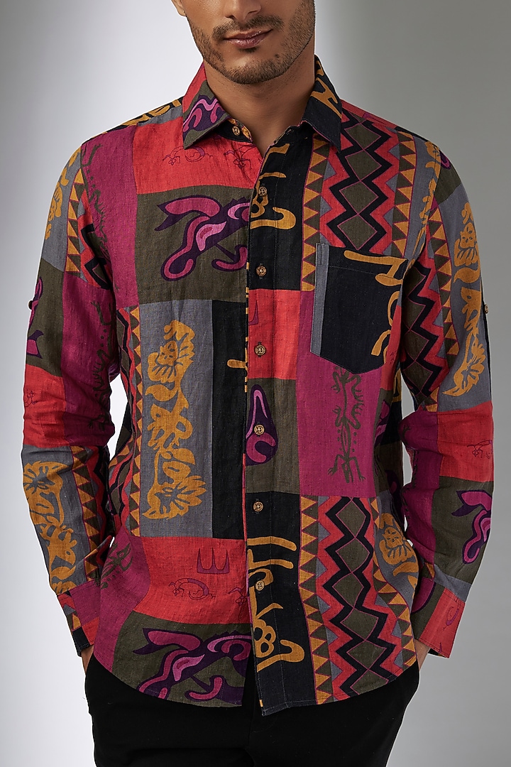 Multi-Colored Pure Linen Printed Party Wear Shirt by Linen Bloom Men at Pernia's Pop Up Shop