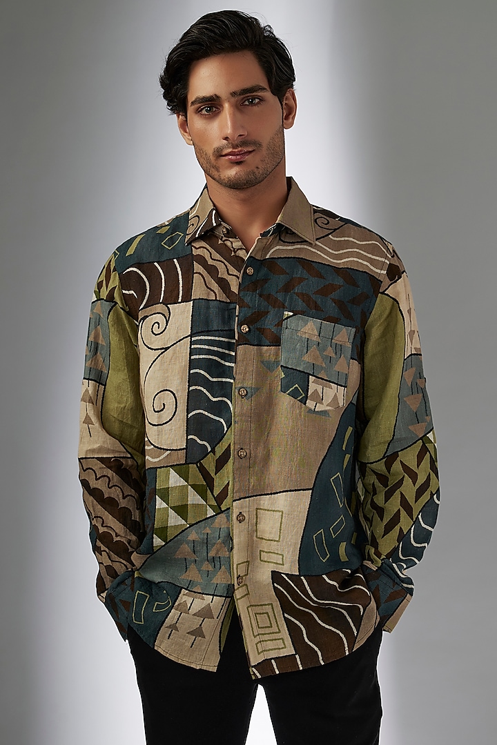 Multi-Colored Pure Linen Printed Shirt by Linen Bloom Men at Pernia's Pop Up Shop