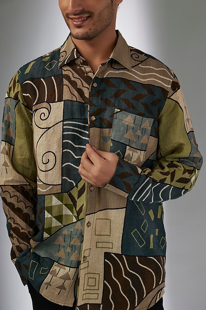 Multi-Colored Pure Linen Printed Party Wear Shirt by Linen Bloom Men at Pernia's Pop Up Shop