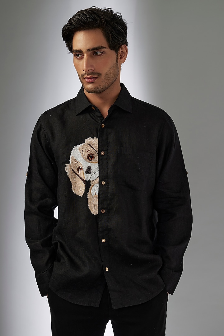 Black Pure Linen Thread Embroidered Shirt by Linen Bloom Men