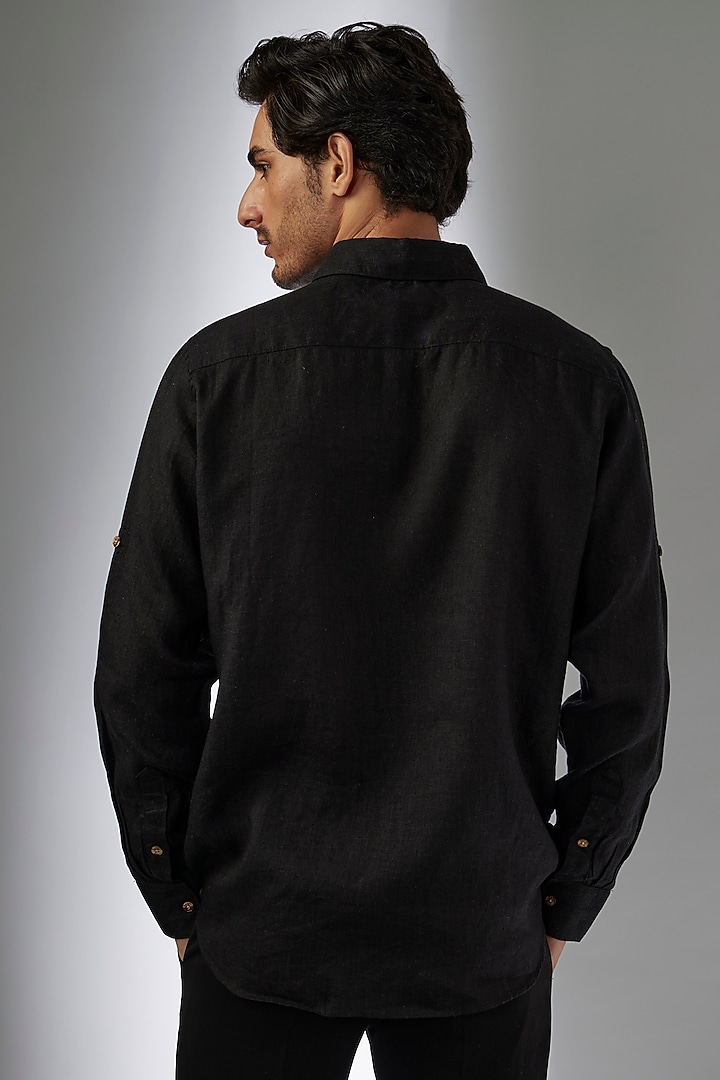Black Pure Linen Thread Embroidered Party Wear Shirt by Linen Bloom Men at Pernia's Pop Up Shop