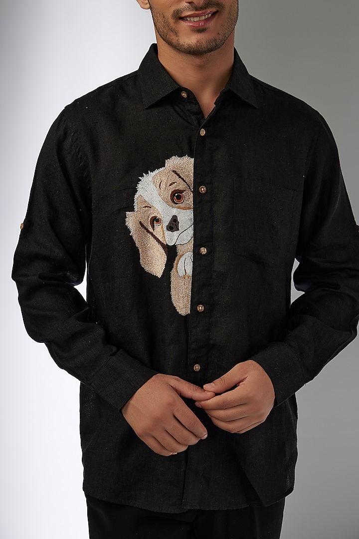 Black Pure Linen Thread Embroidered Party Wear Shirt by Linen Bloom Men at Pernia's Pop Up Shop