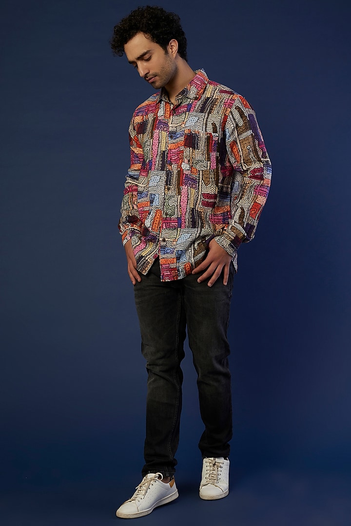 Multi-Coloured Linen Printed Shirt by Linen Bloom Men