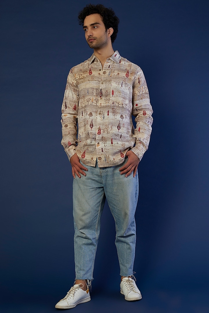 Beige Linen Printed Shirt by Linen Bloom Men