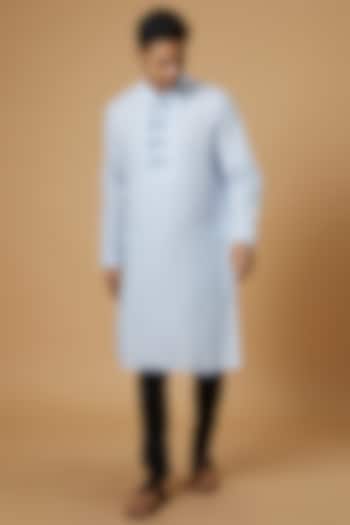 Sky Blue Linen Embroidered Kurta by Linen Bloom Men at Pernia's Pop Up Shop