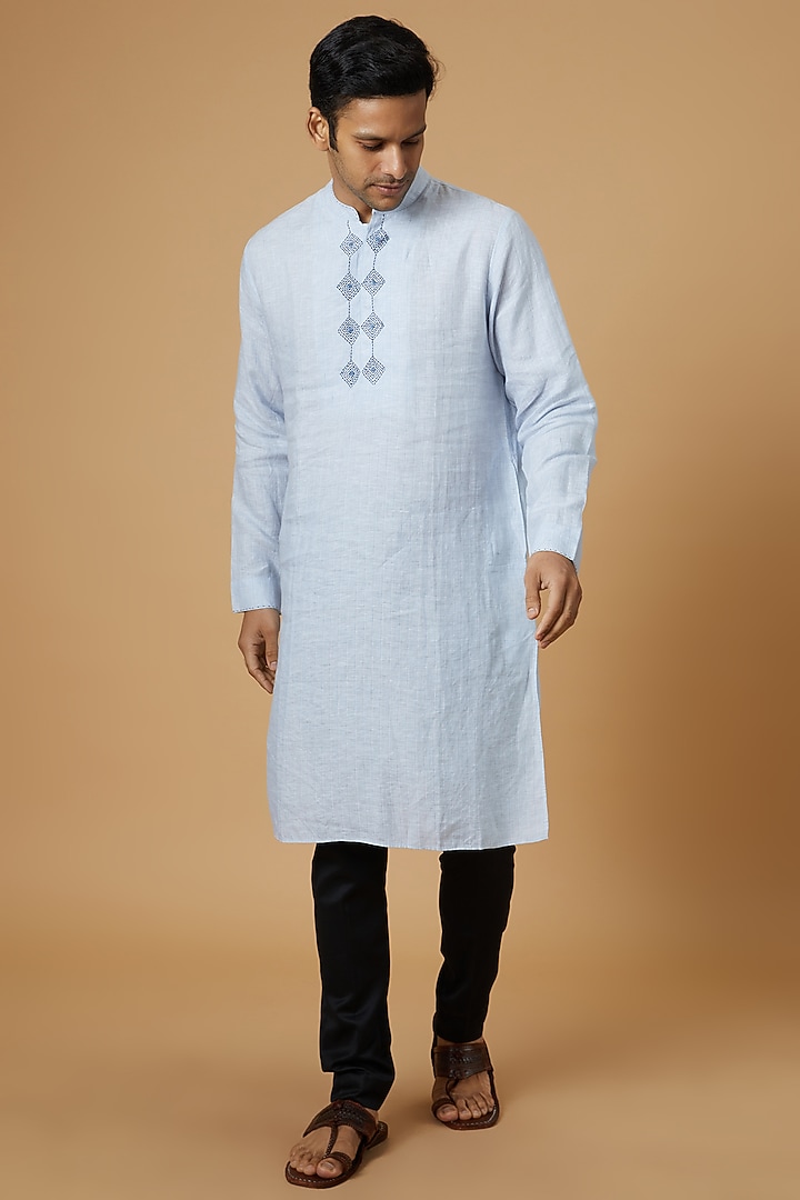 Sky Blue Linen Embroidered Kurta by Linen Bloom Men at Pernia's Pop Up Shop