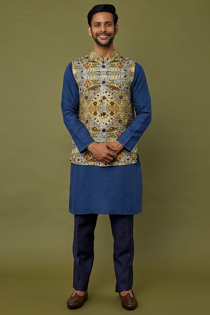 Multi-Coloured Printed Bundi Jacket by Linen Bloom Men
