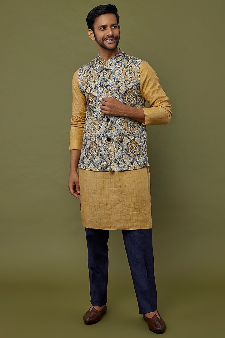 Multi-Coloured Digital Printed Bundi Jacket by Linen Bloom Men