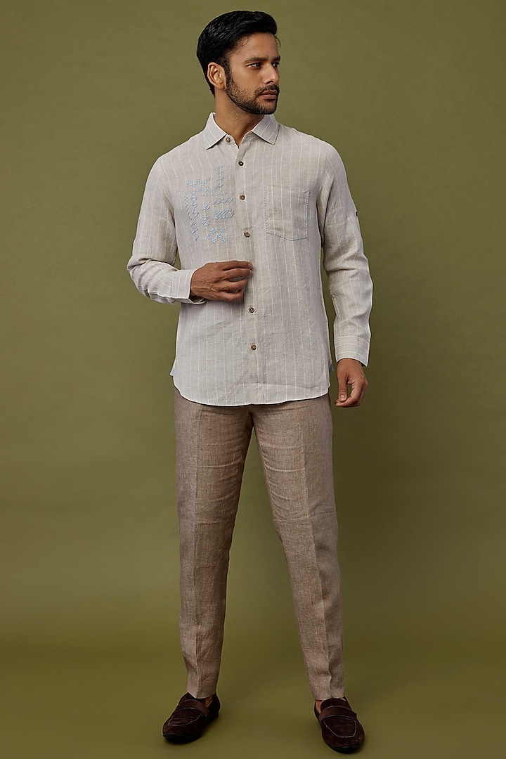 Beige Embroidered Shirt by Linen Bloom Men