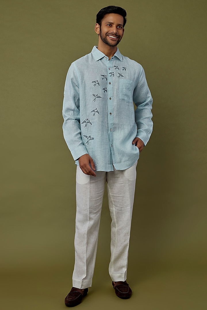 Light Blue Embroidered Shirt by Linen Bloom Men