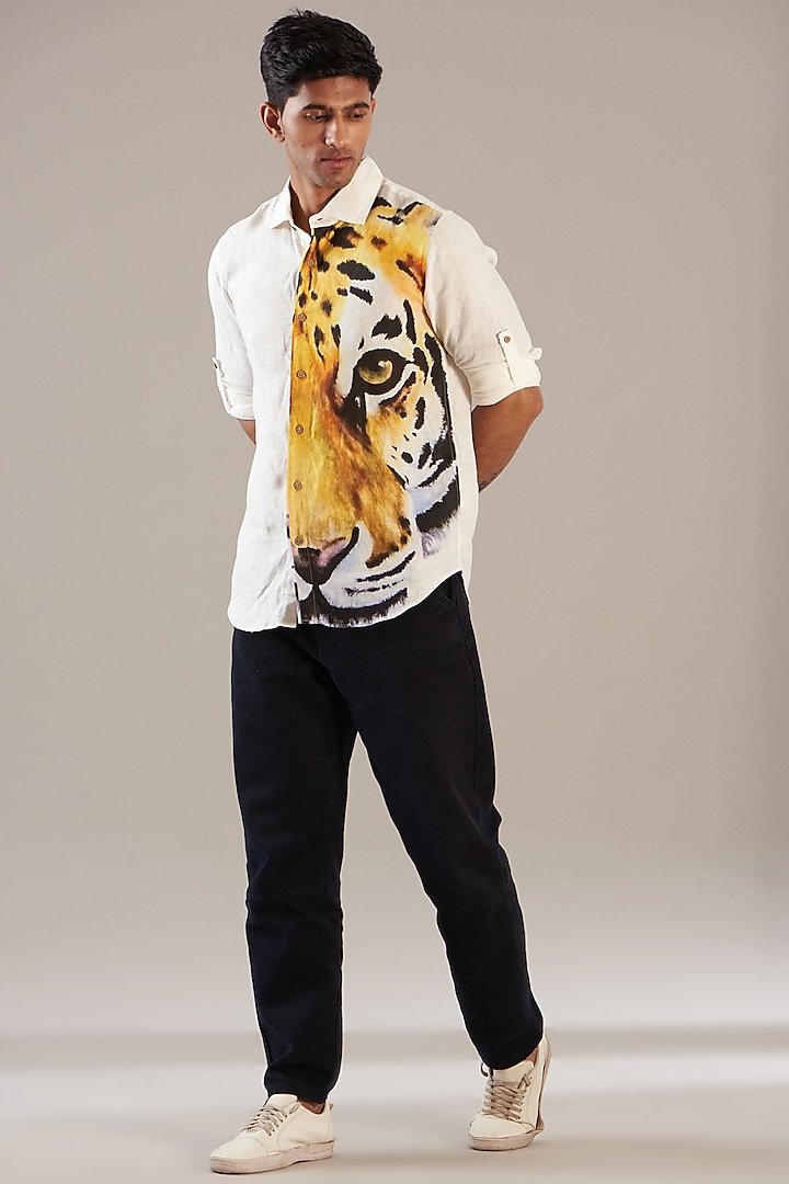 Ivory Pure Linen Printed Shirt by Linen Bloom Men