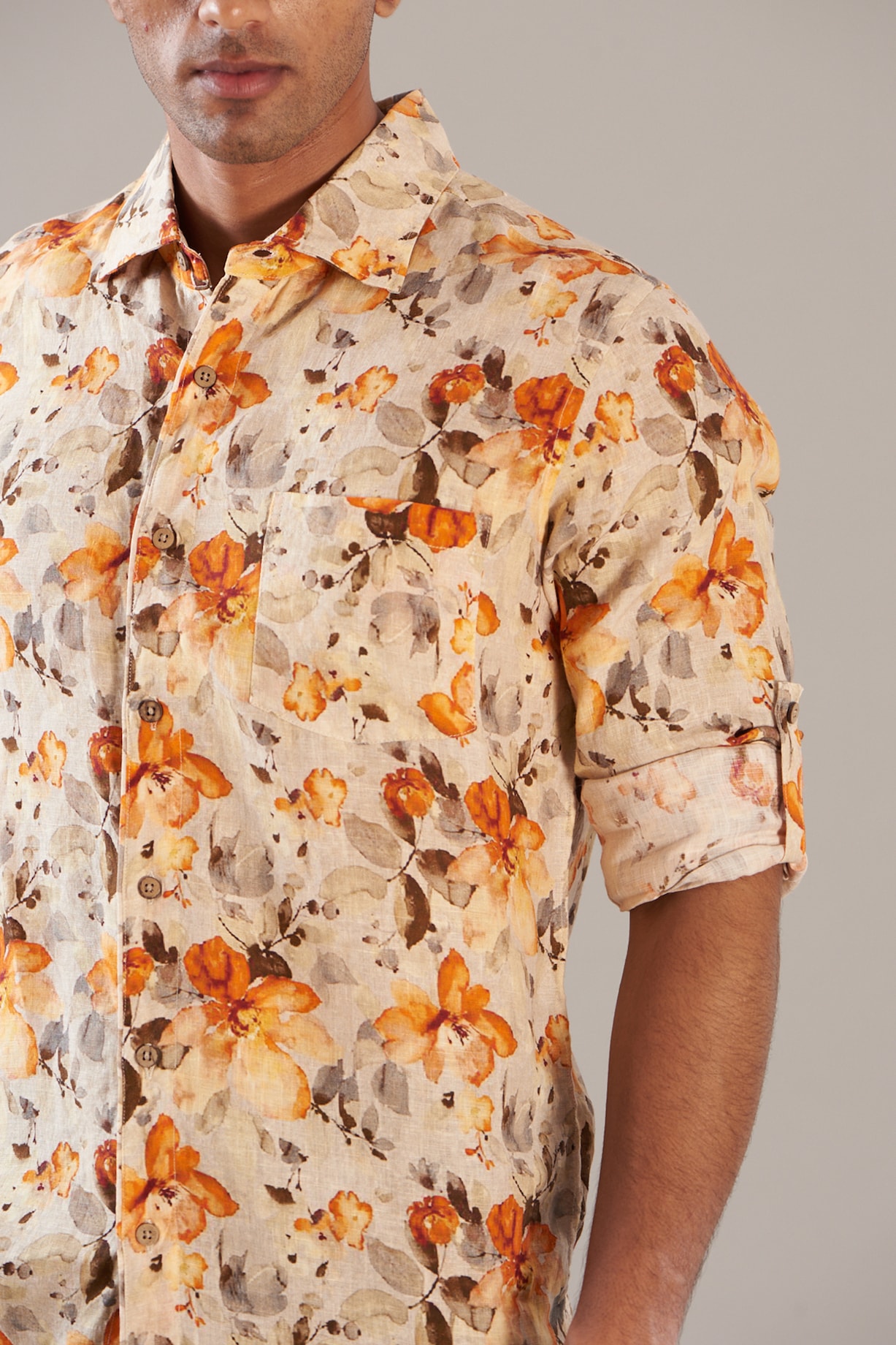 Orange Pure Linen Floral Printed Shirt Design by Linen Bloom Men at  Pernia's Pop Up Shop 2024