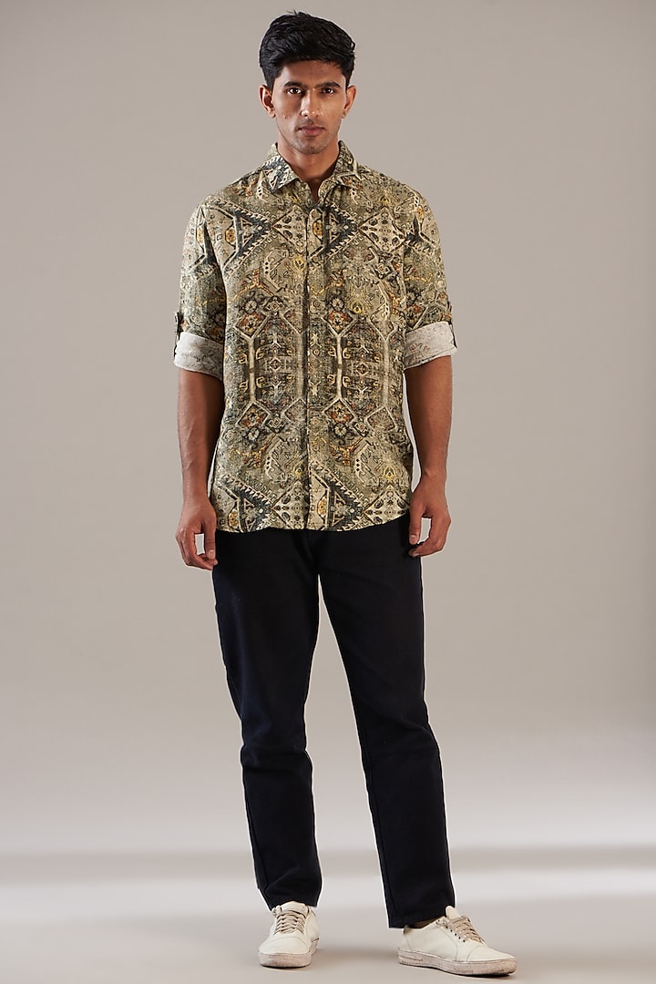 Multi-Colored Pure Linen Printed Shirt by Linen Bloom Men