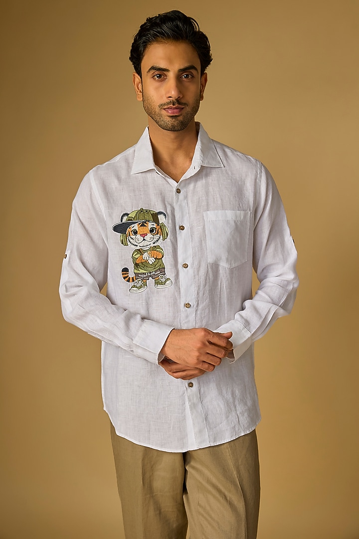 White Linen Party Wear Shirt by Linen Bloom Men at Pernia's Pop Up Shop