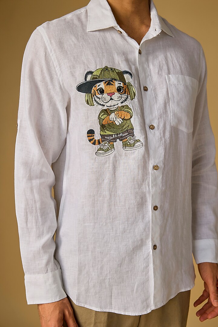 White Linen Party Wear Shirt by Linen Bloom Men at Pernia's Pop Up Shop