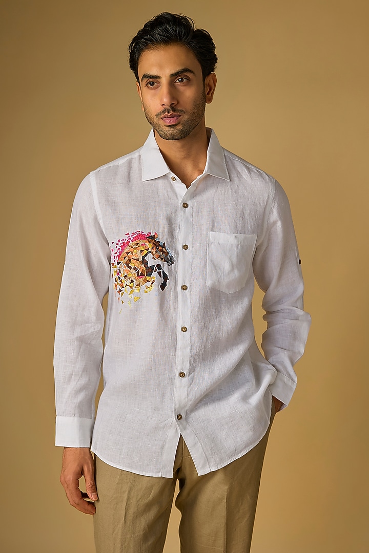 White Linen Party Wear Shirt by Linen Bloom Men at Pernia's Pop Up Shop