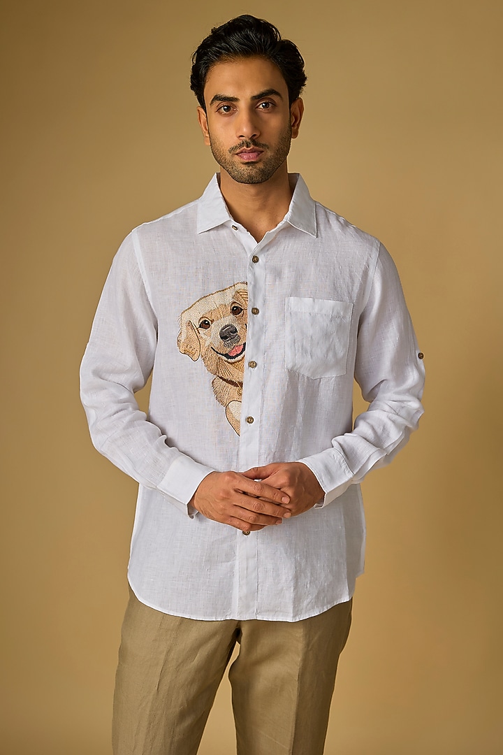 White Linen Party Wear Shirt by Linen Bloom Men at Pernia's Pop Up Shop