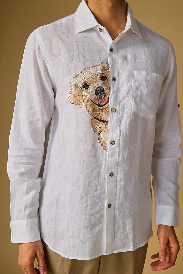 White Linen Party Wear Shirt by Linen Bloom Men at Pernia's Pop Up Shop