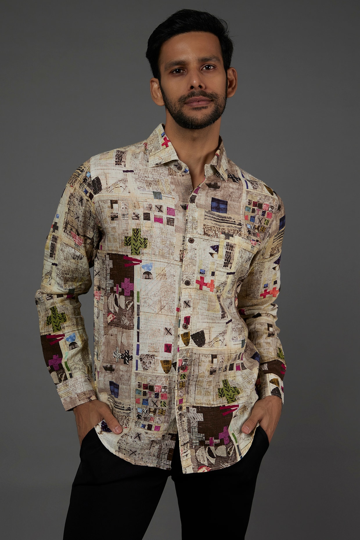 Beige Digital Printed Shirt by Linen Bloom Men at Pernia s Pop Up Shop 2024