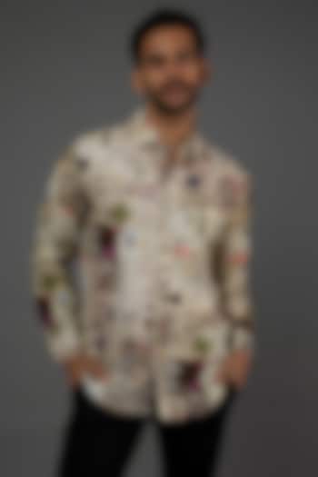 Beige Digital Printed Shirt by Linen Bloom Men