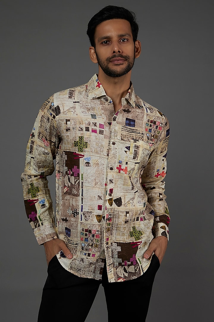 Beige Digital Printed Shirt by Linen Bloom Men